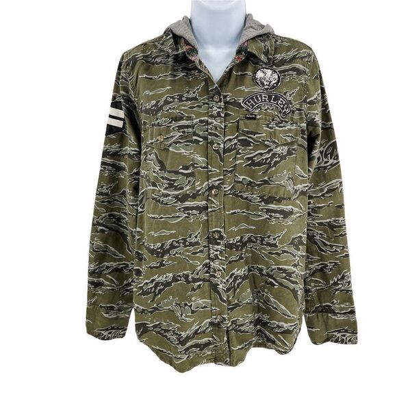 Hurley Camo Long Sleeve Button Down Hooded Shacket Jacket Shirt - Picture 2 of 10